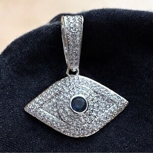 New All Seeing Evil Eye Icy Pave CZ w Sim Sapphire Pendant